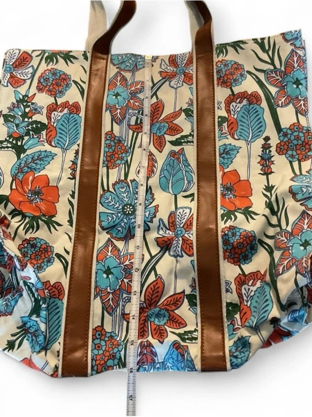 Canvas Floral Tote Bag with Brown Trim - Multicolor